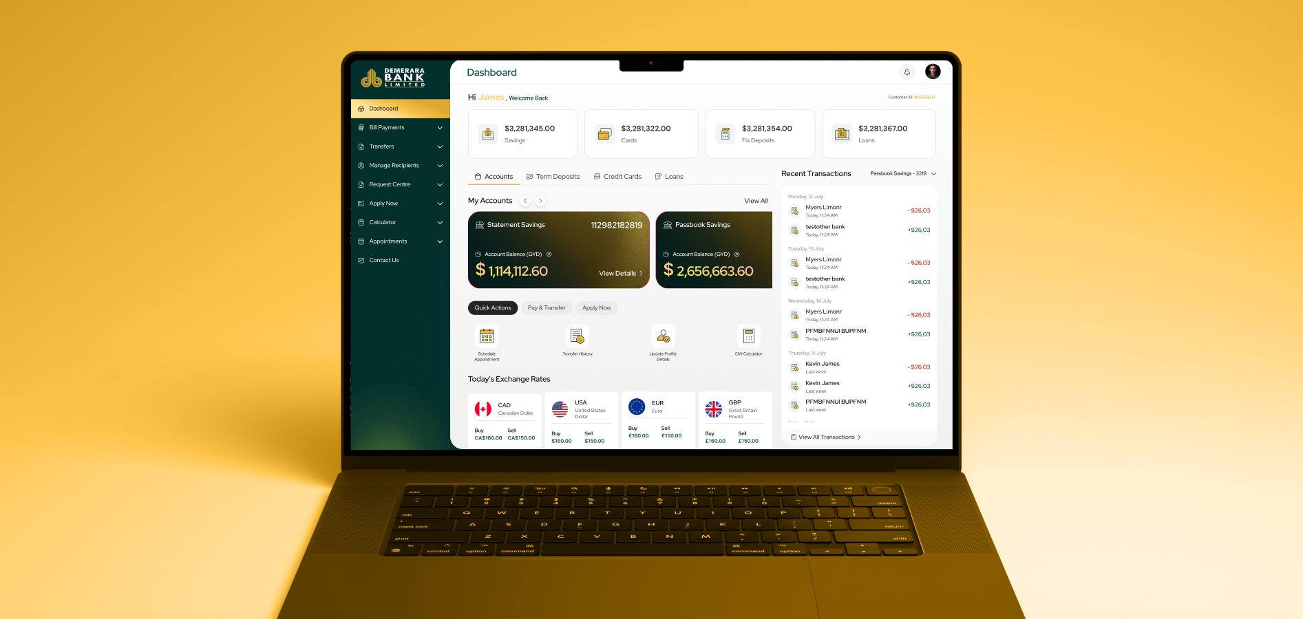 Demerara Bank online banking dashboard on a laptop