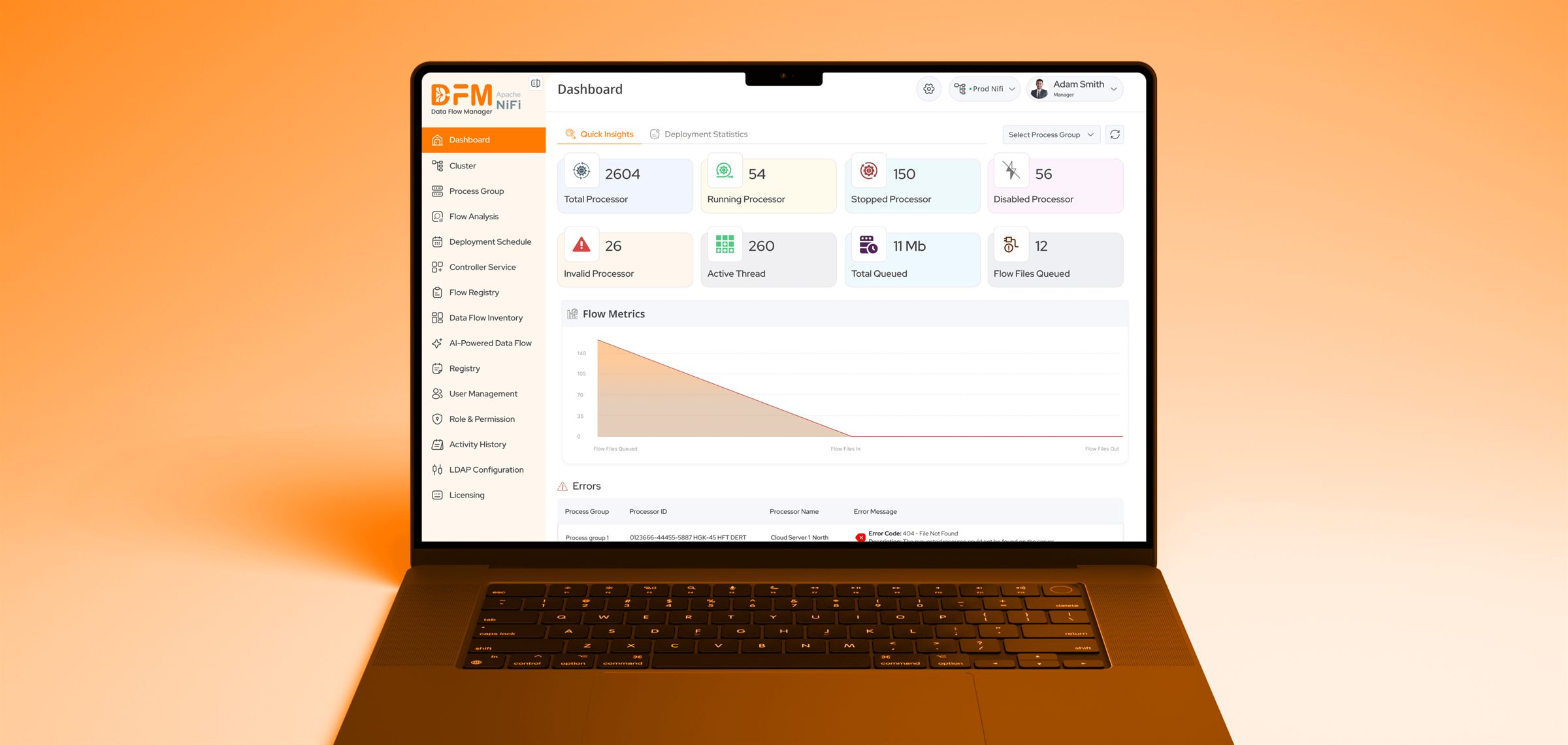 Data Flow Manager dashboard on a laptop