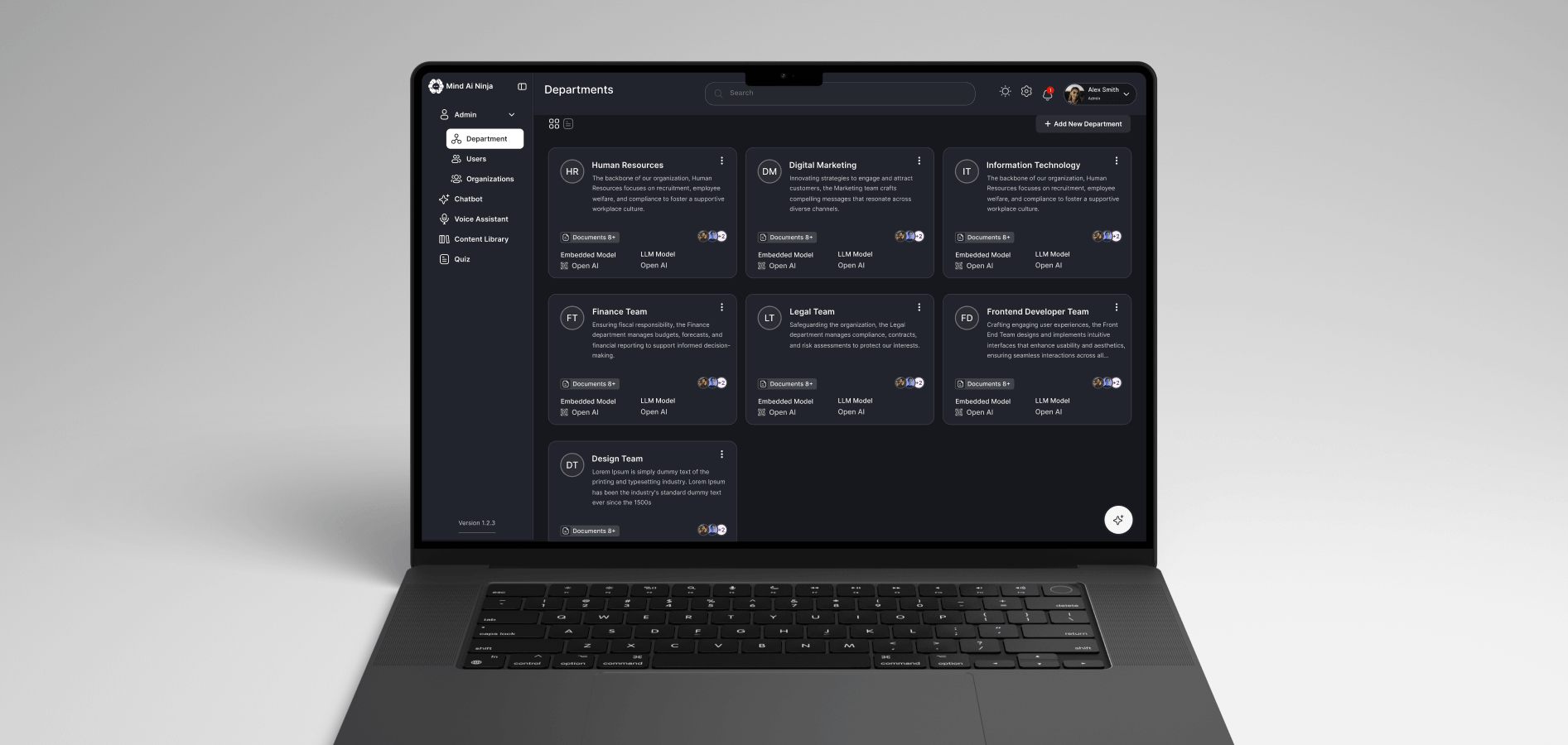 Mind AI Ninja departments screen on a laptop