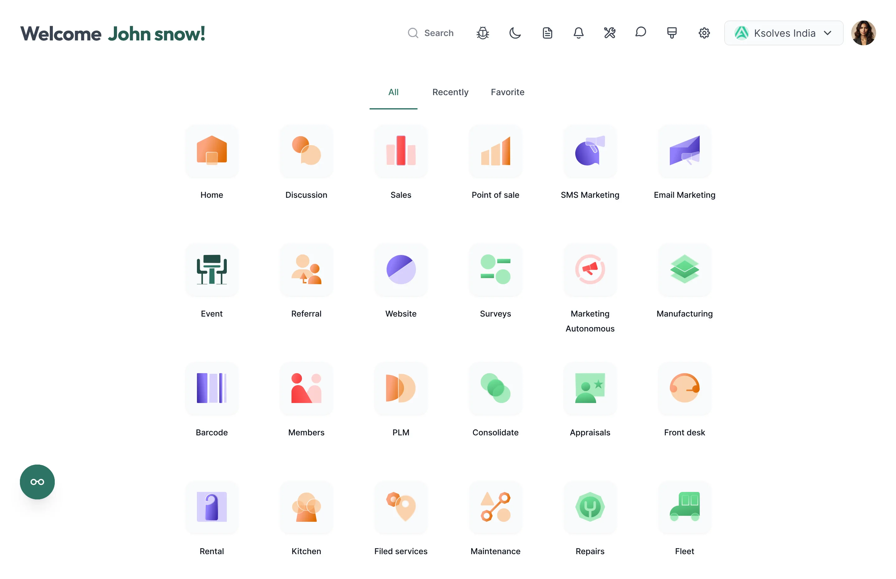 ARC Backend Theme home: a welcome header and an app drawer of Odoo apps with All, Recently and Favourite tabs