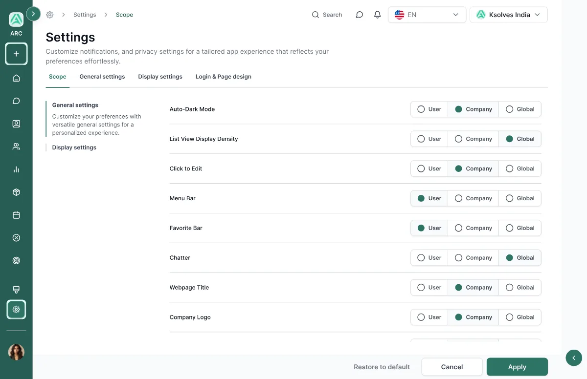General settings with User, Company and Global scope per option