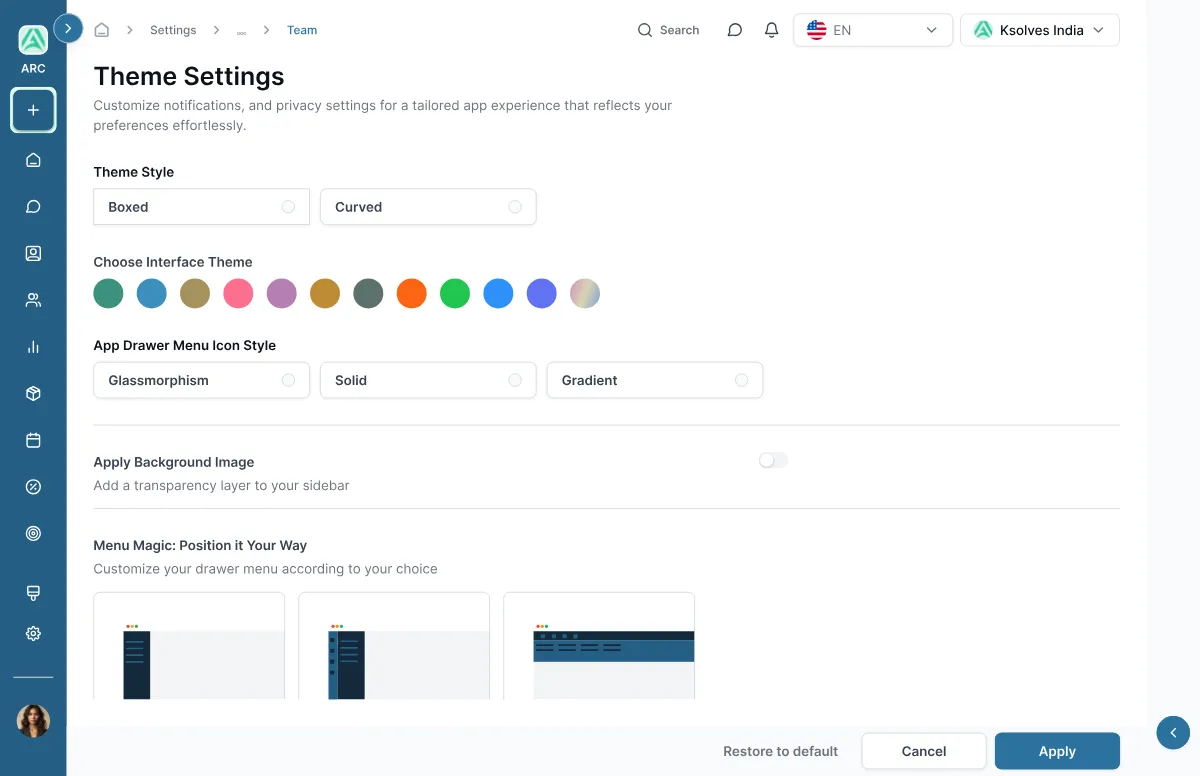 Theme settings with colour swatches, icon styles and menu layouts