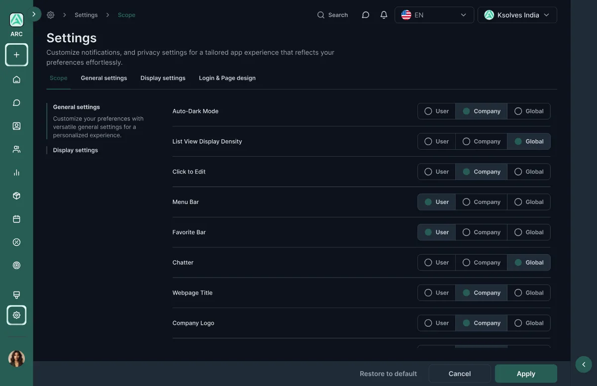 General settings in dark mode