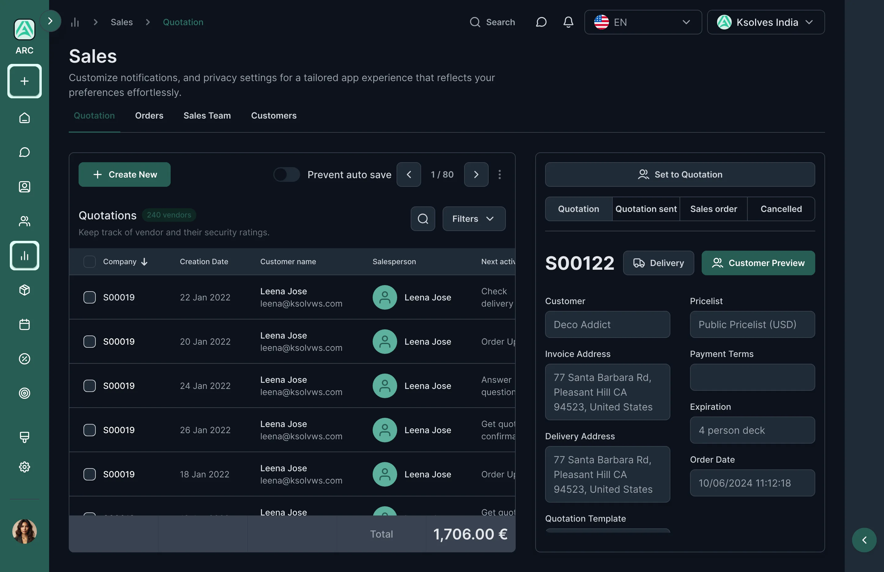 Quotation list in dark mode