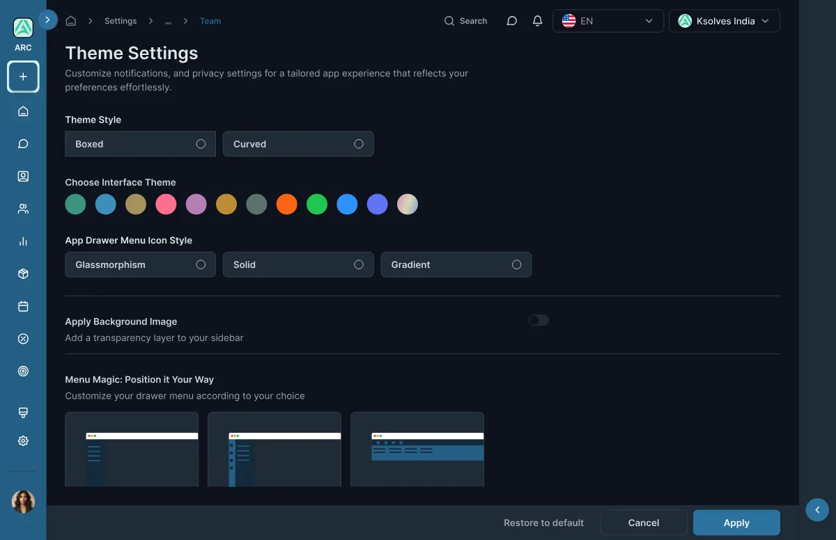 Theme settings in dark mode
