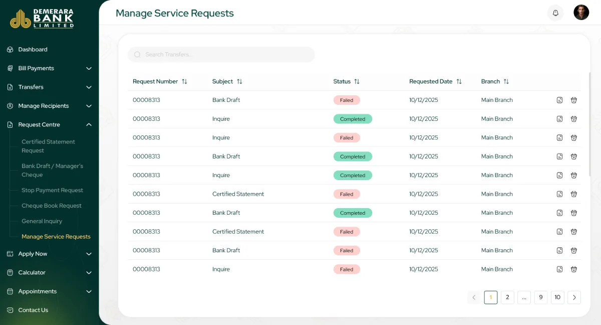 Manage service requests with status
