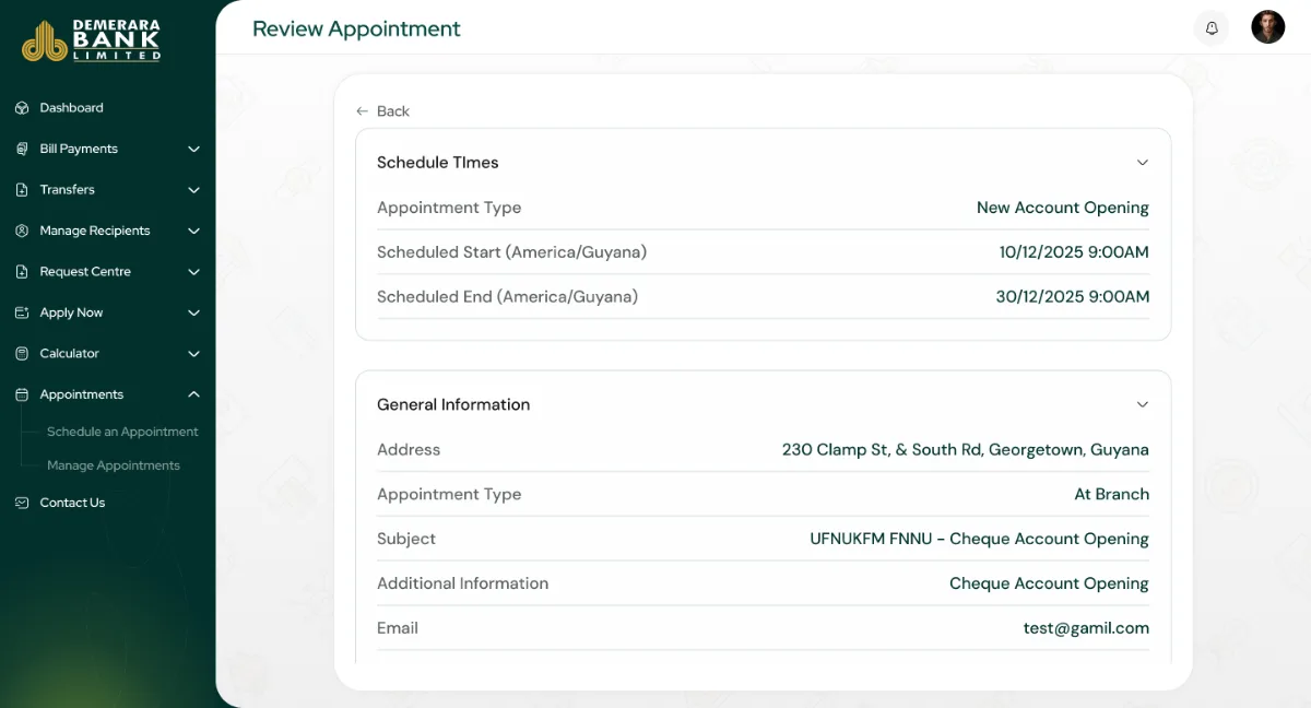 Review appointment page