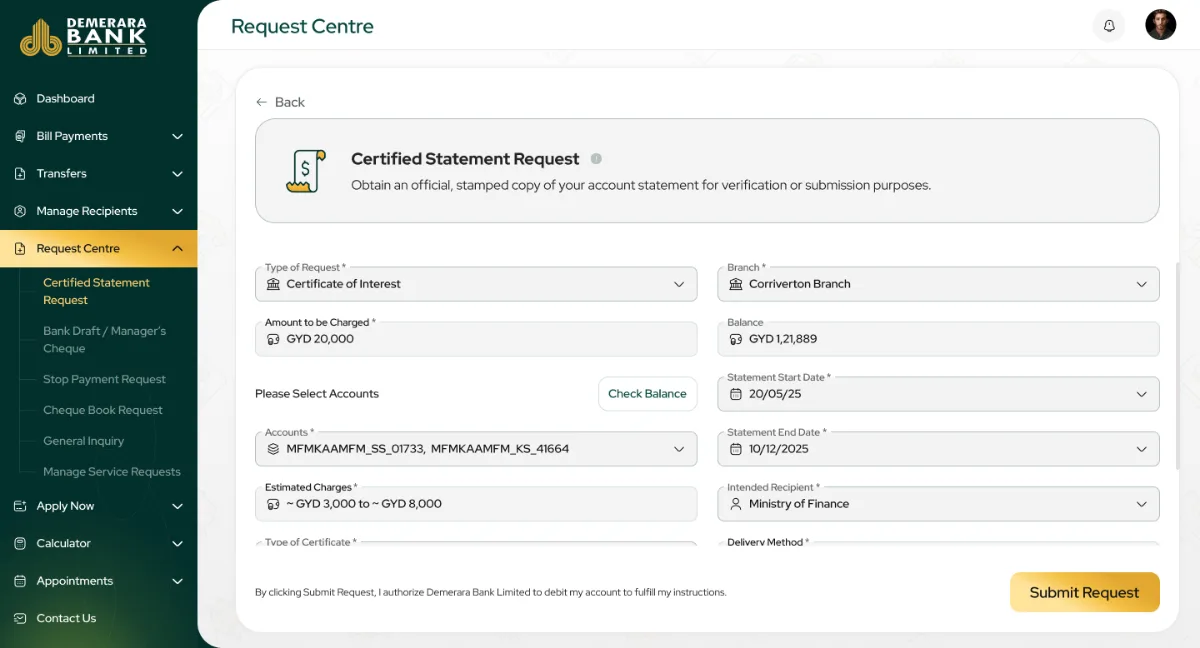 Certified statement request